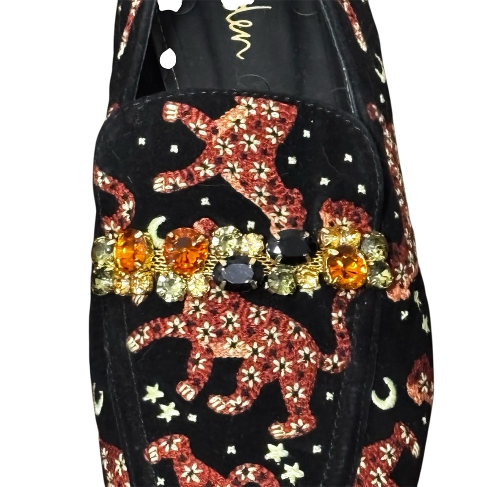 Boden Embellished Loafers, black embroidered cheetah, glass/metal. Women’s 39, 8 - Picture 4 of 9